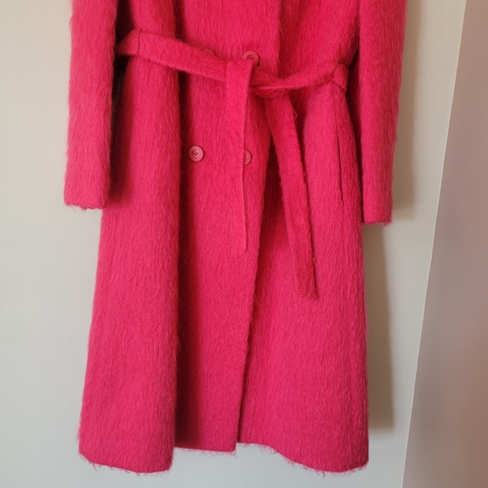 Vintage 80s Mohair Wool Women's Double Breasted Belted Fuchsia Pink Trench Coat - Picture 5 of 11